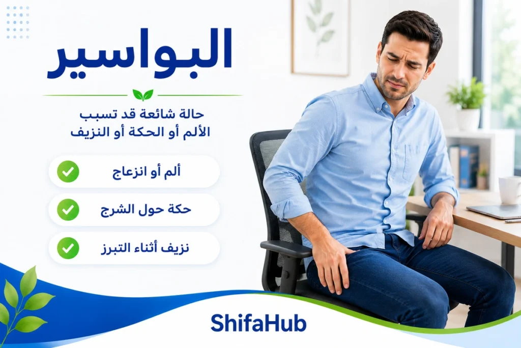 البواسير: أوردة متضخمة في منطقة الشرج قد تسبب الألم والحكة والنزيف أثناء التبرز
