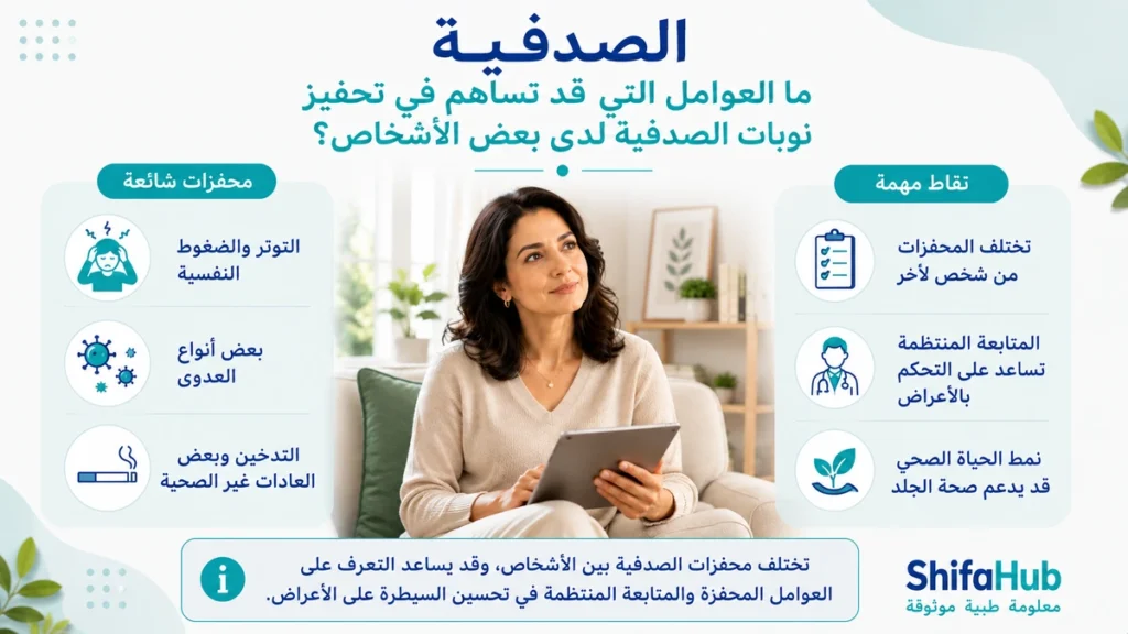 ما العوامل التي قد تساهم في تحفيز نوبات الصدفية لدى بعض الأشخاص؟