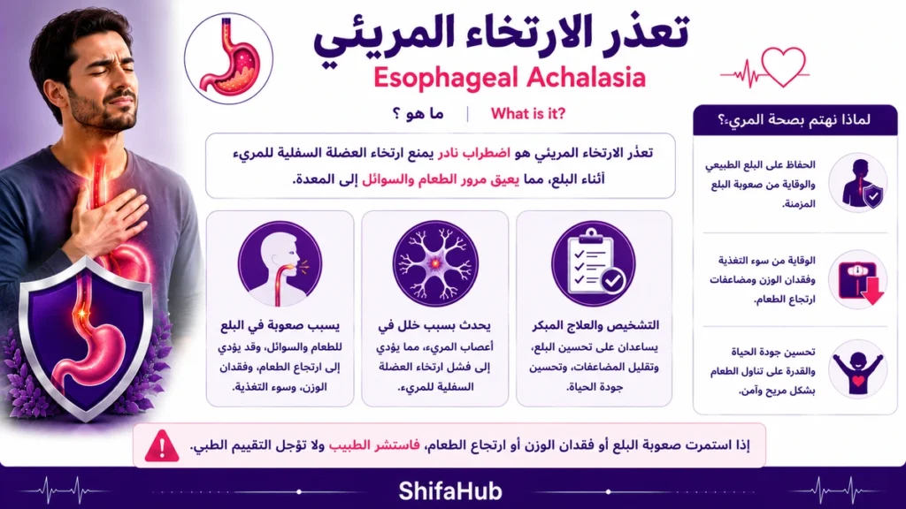 تعذر الارتخاء المريئي مع توضيح فشل ارتخاء العضلة العاصرة السفلية للمريء وتوسع المريء.