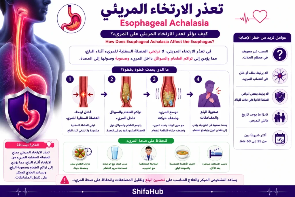 كيف يؤثر تعذر الارتخاء المريئي على المريء؟