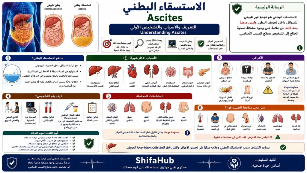 رسم توضيحي للاستسقاء البطني يوضح تجمع السوائل داخل التجويف البريتوني.