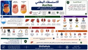 رسم توضيحي للاستسقاء البطني يوضح تجمع السوائل داخل التجويف البريتوني.