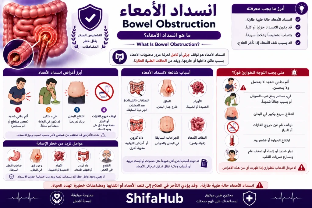 رسم طبي يوضح انسداد الأمعاء الدقيقة مع توسع الأمعاء قبل موضع الانسداد.