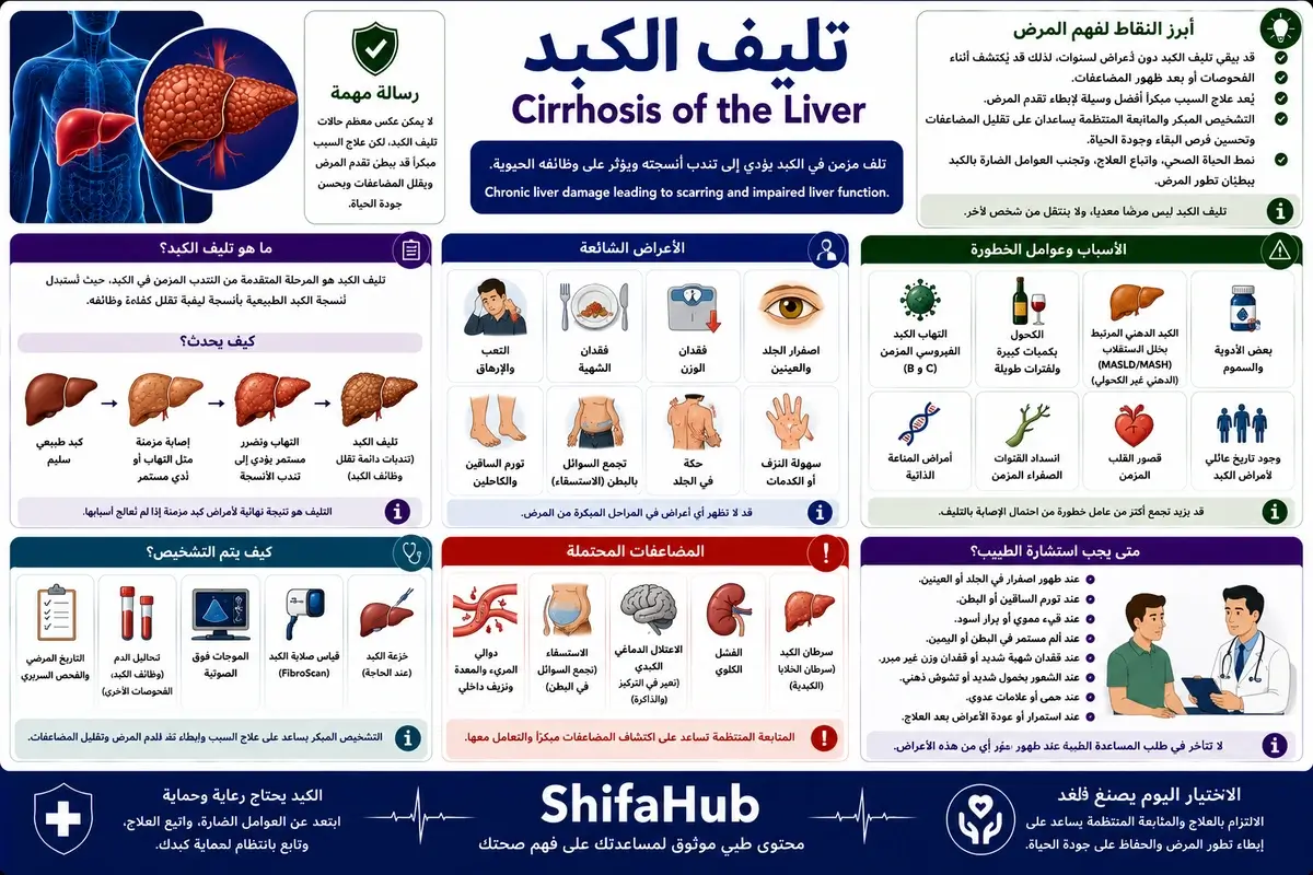 تليف الكبد: تندب مزمن في أنسجة الكبد يؤدي إلى ضعف وظائفه ويحتاج إلى التشخيص والعلاج المبكر.