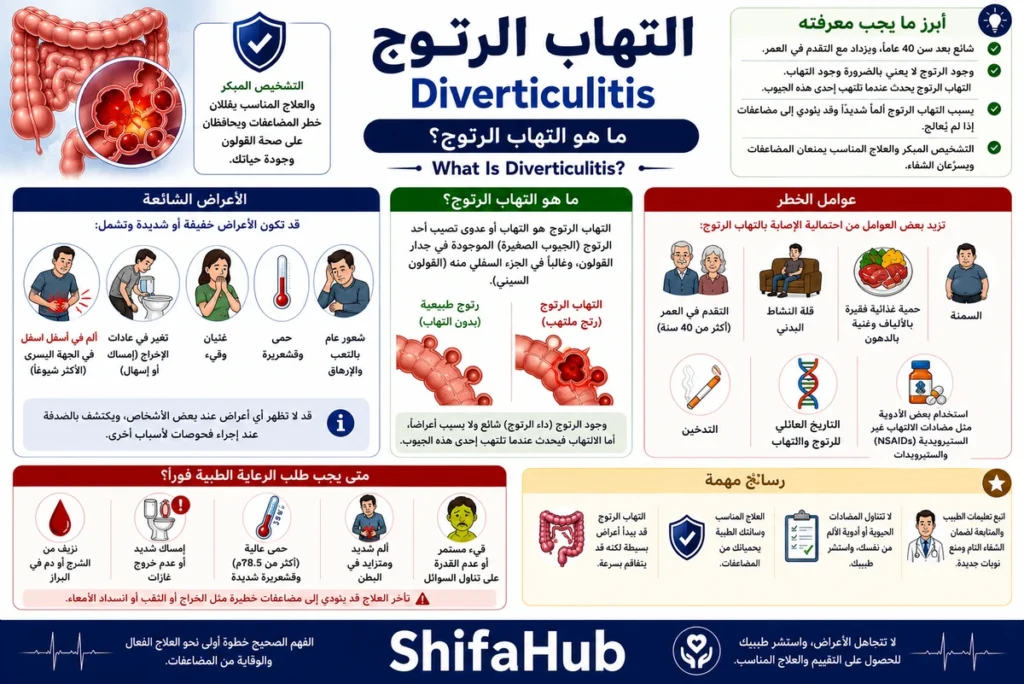 رسم طبي يوضح رتوج القولون مع حدوث التهاب في أحد الرتوج كما يحدث في التهاب الرتوج.