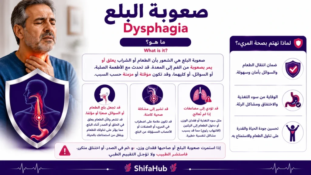رسم توضيحي يوضح انتقال الطعام من الفم إلى المريء مع إبراز أماكن حدوث صعوبة البلع.
