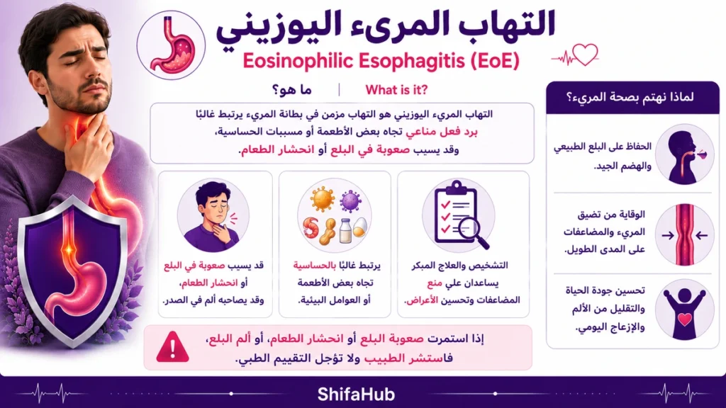 التهاب المريء اليوزيني مع توضيح تراكم الخلايا الحمضية داخل بطانة المريء.