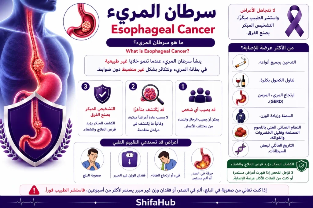 رسم طبي يوضح المريء مع ورم سرطاني يسبب تضيقًا في مجرى الطعام.