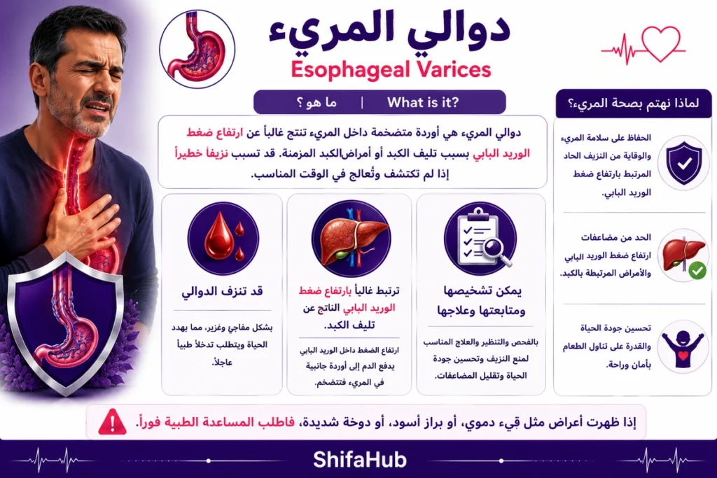 دوالي المريء مع توضيح الأوردة المتوسعة داخل جدار المريء نتيجة ارتفاع ضغط الوريد البابي.