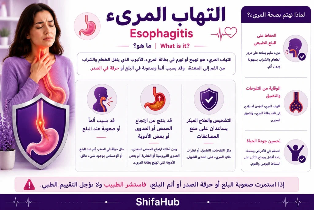 التهاب المريء مع توضيح التهاب بطانة المريء الناتج عن الارتجاع أو العدوى.