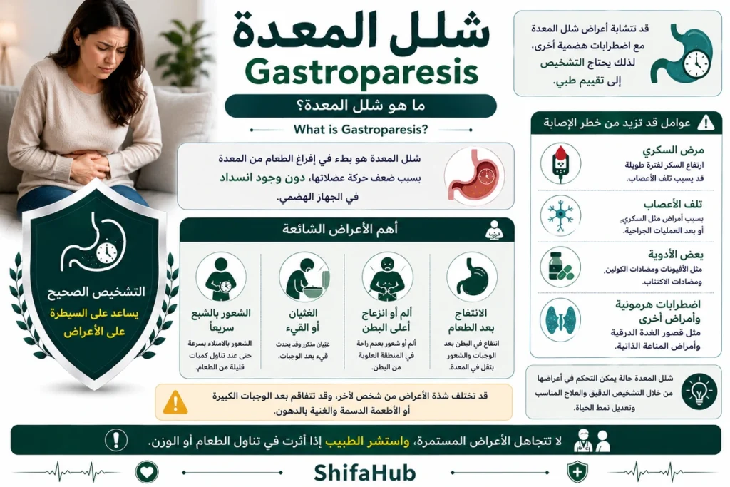 رسم طبي يوضح بطء تفريغ المعدة وتأخر انتقال الطعام إلى الأمعاء الدقيقة في حالة شلل المعدة.