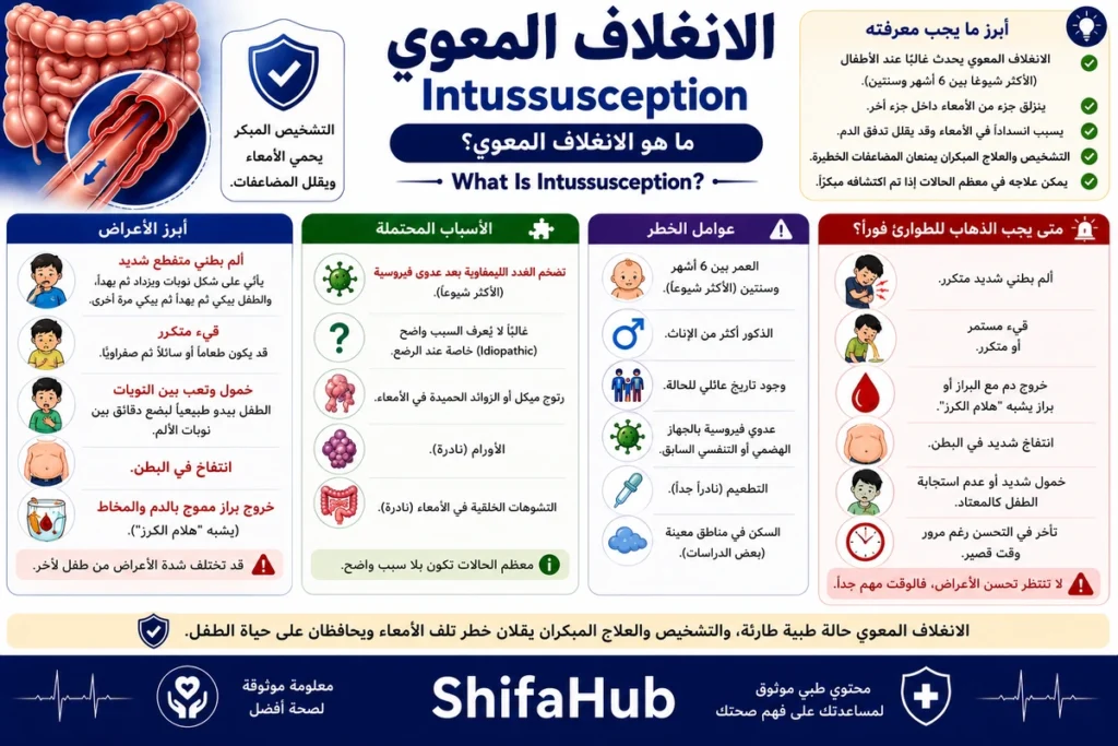 رسم طبي يوضح دخول جزء من الأمعاء داخل الجزء المجاور له كما يحدث في الانغلاف المعوي.