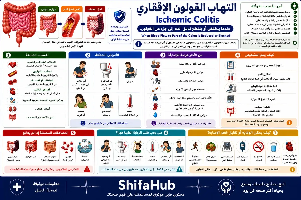 رسم طبي يوضح انخفاض تدفق الدم إلى جزء من القولون كما يحدث في التهاب القولون الإقفاري.