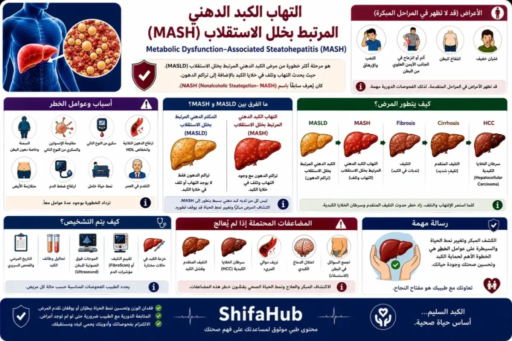 التهاب الكبد الدهني (MASH) مع توضيح التهاب الكبد وتراكم الدهون وطرق التشخيص والعلاج.
