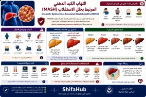 التهاب الكبد الدهني (MASH) مع توضيح التهاب الكبد وتراكم الدهون وطرق التشخيص والعلاج.