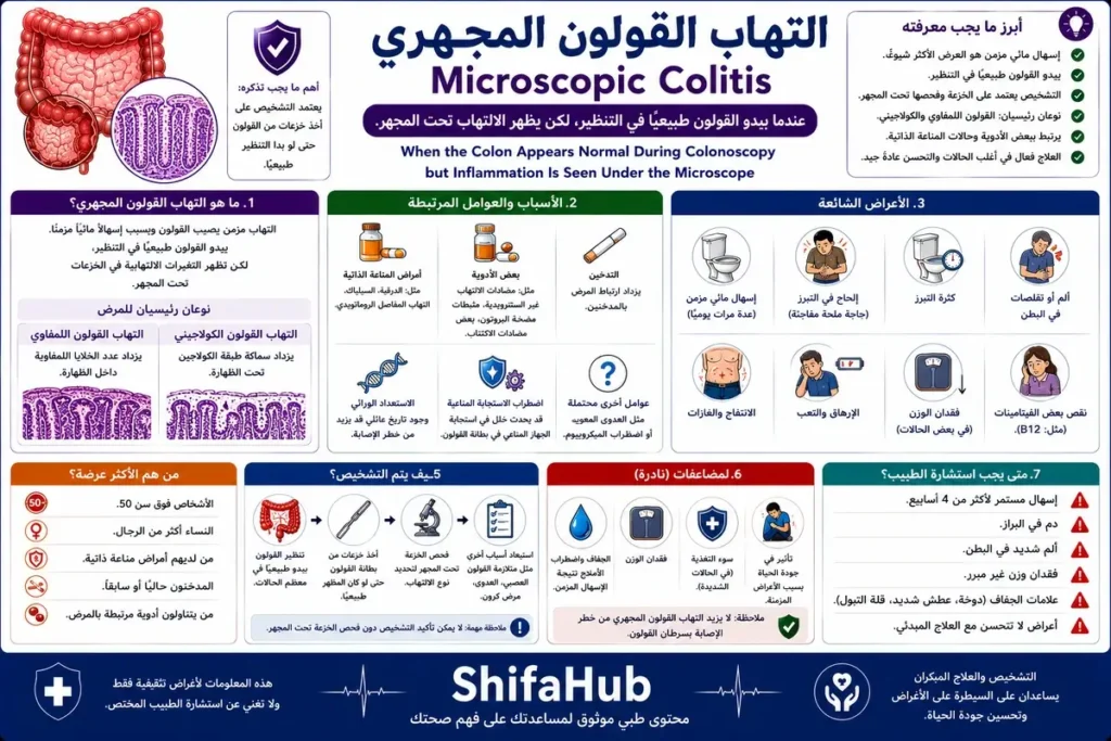 رسم طبي يوضح التهاب بطانة القولون في التهاب القولون المجهري مع مظهر طبيعي لمنظار القولون.