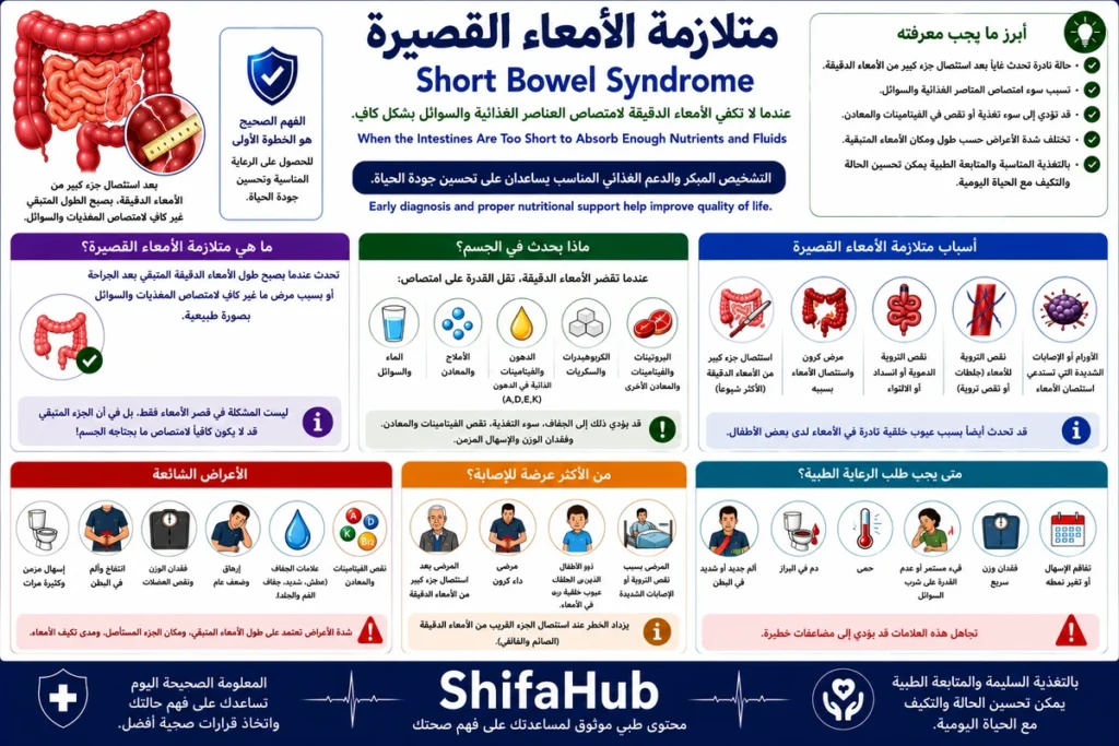 رسم طبي يوضح استئصال جزء كبير من الأمعاء الدقيقة وتأثيره في الامتصاص كما يحدث في متلازمة الأمعاء القصيرة.