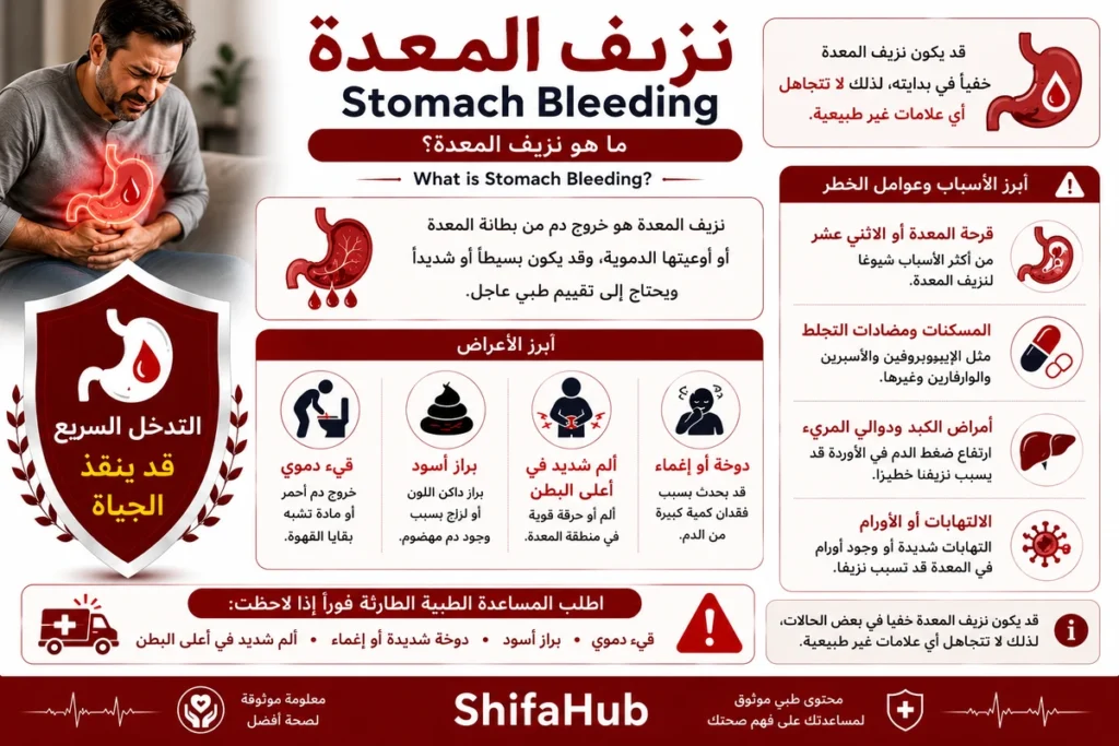 صورة توضيحية لنزيف الجهاز الهضمي العلوي مع إظهار المعدة ومكان النزيف.