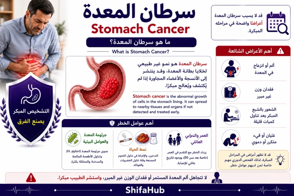 رسم طبي يوضح ورمًا خبيثًا في بطانة المعدة مع توضيح موضع الإصابة داخل المعدة.